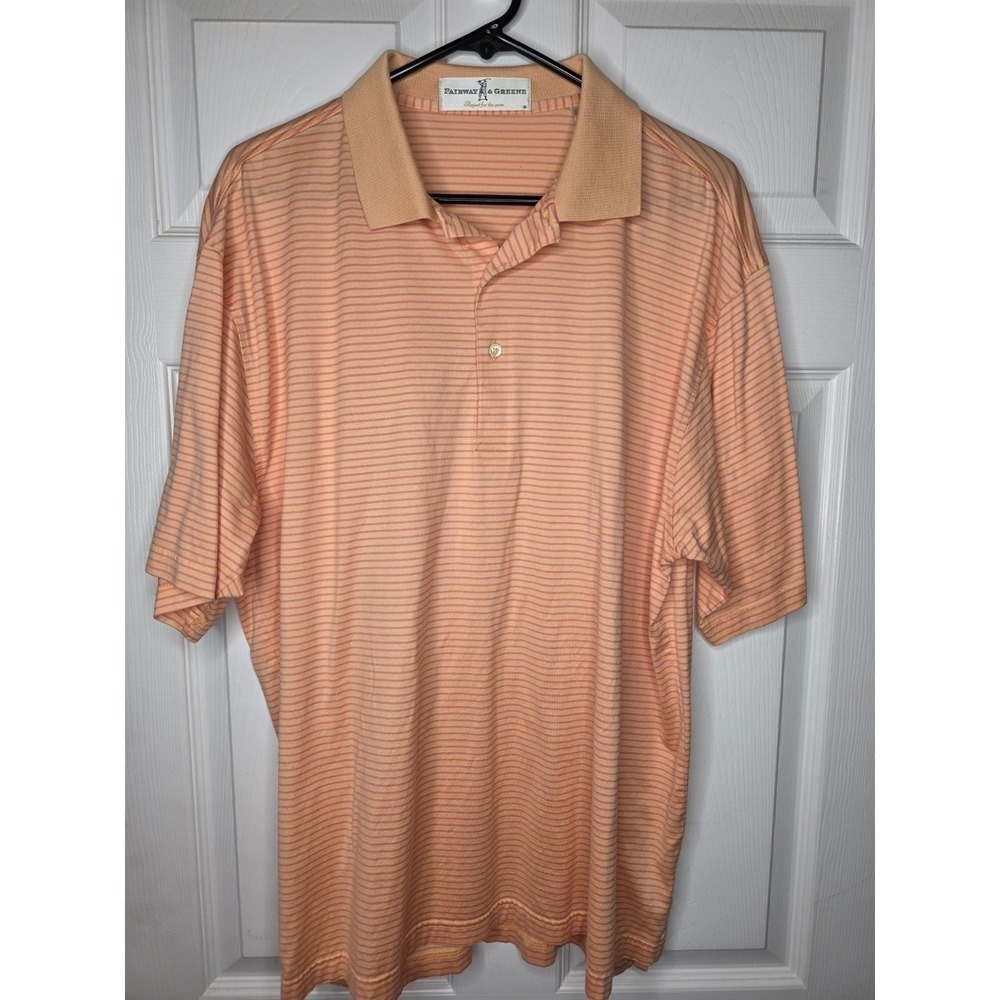 Fairway & Greene‎ Polo Shirt Mens Large Orange Striped Cotton Short Sleeve Golf
